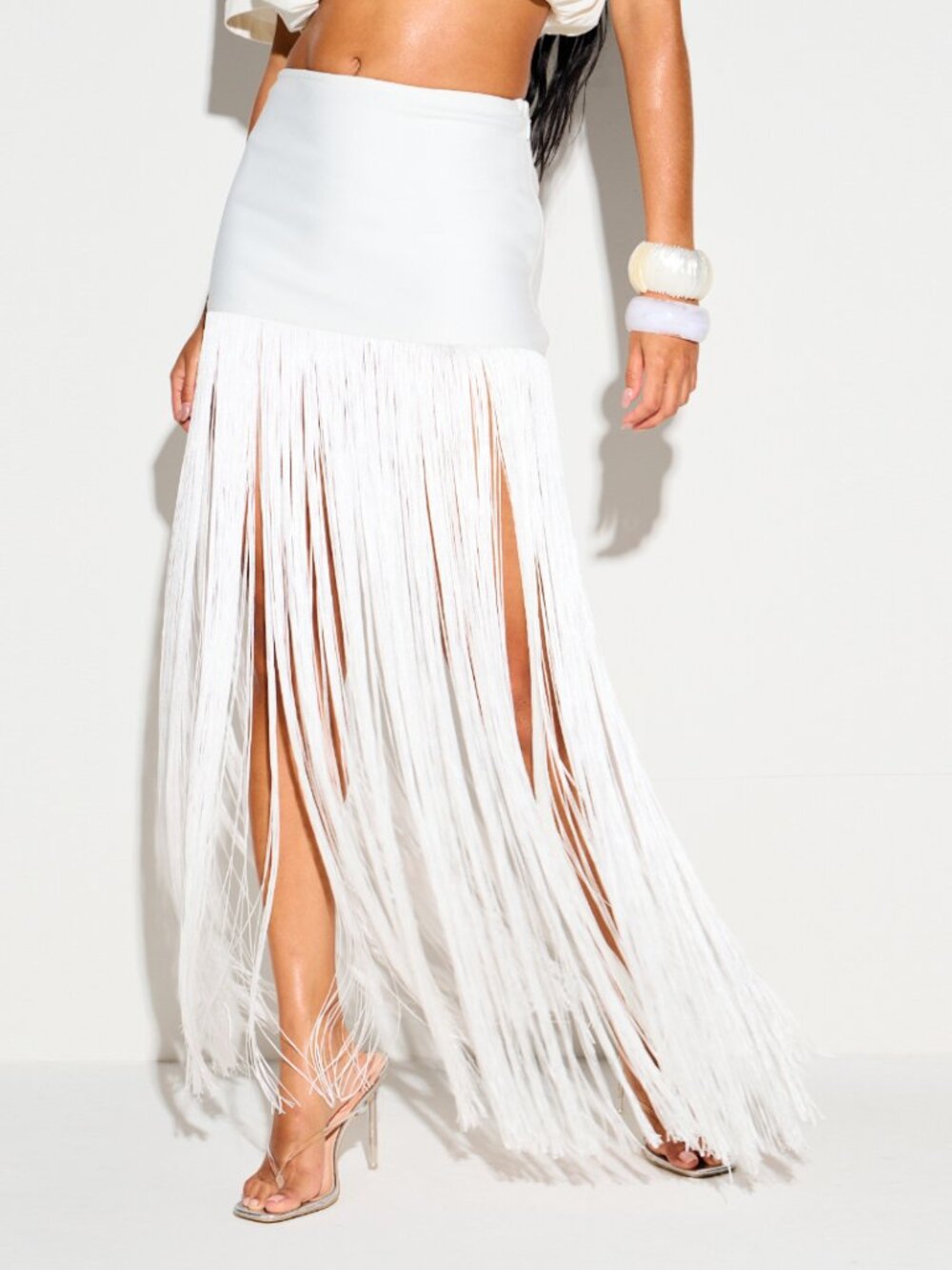 White Fringe Maxi Skirt with High Waist